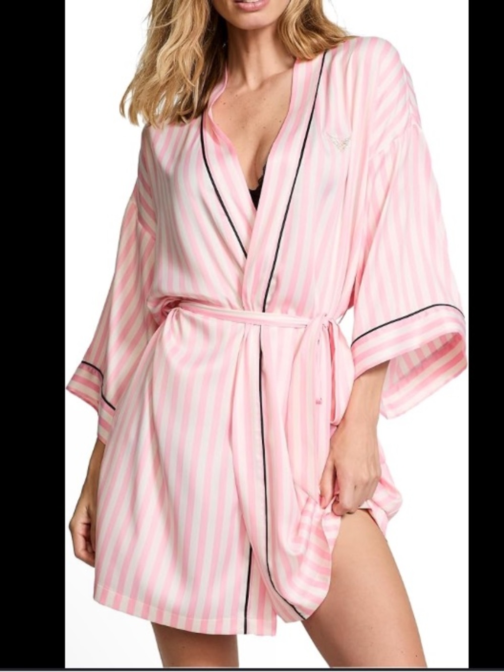 Victoria's Secret Fashion Show Pink & Black Trim Striped Satin Kimono Robe